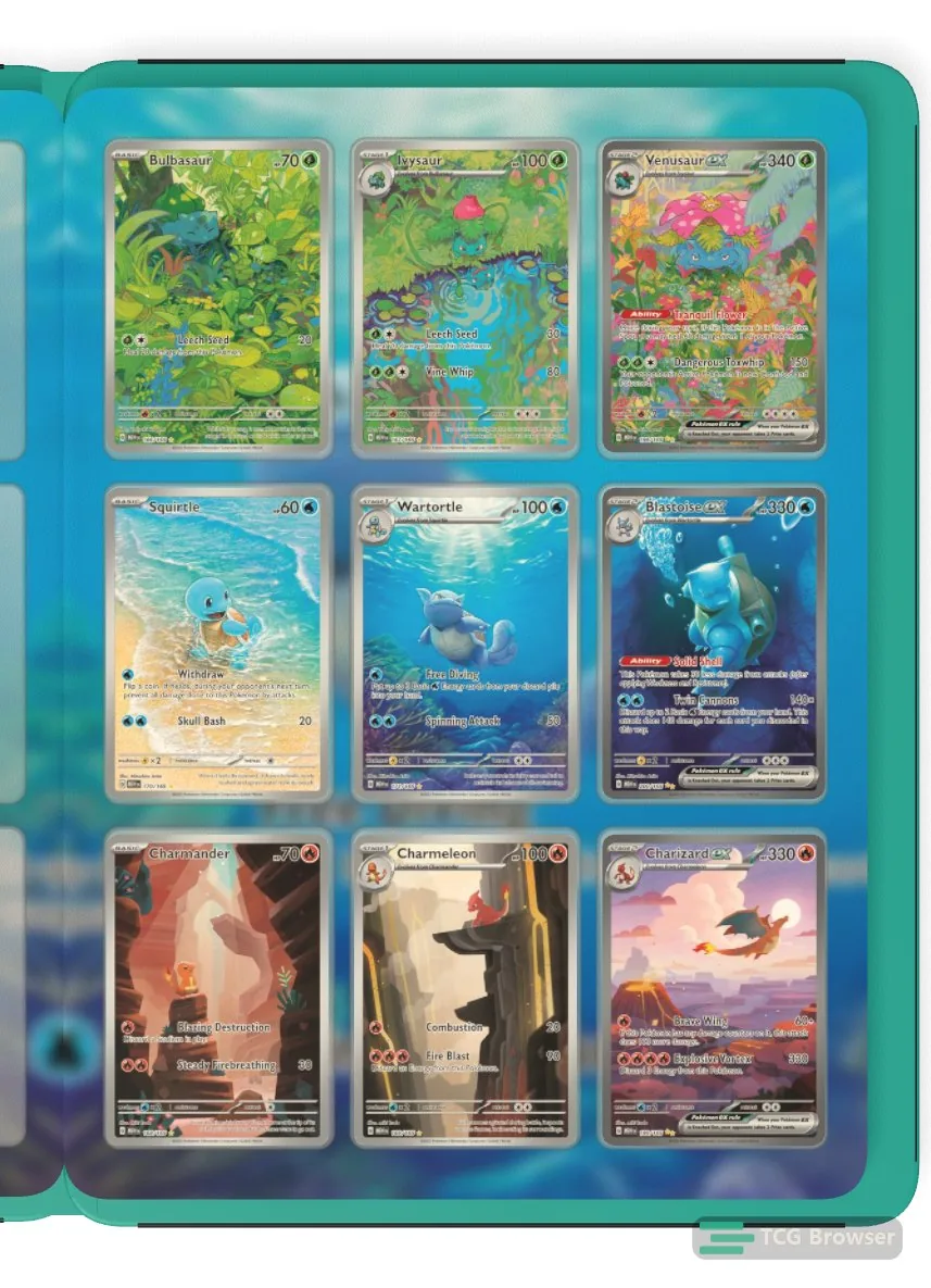 Binder page filled with Charizard, Blastoise and Venusaur evolution lines