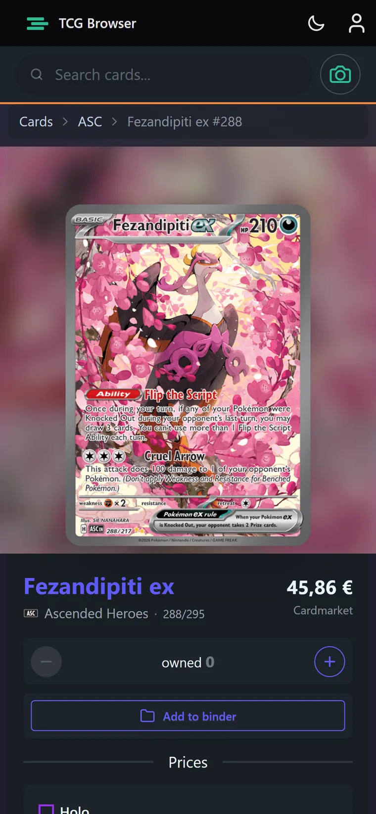 Card detail page for Fezandipiti ex with owned count and add-to-binder controls